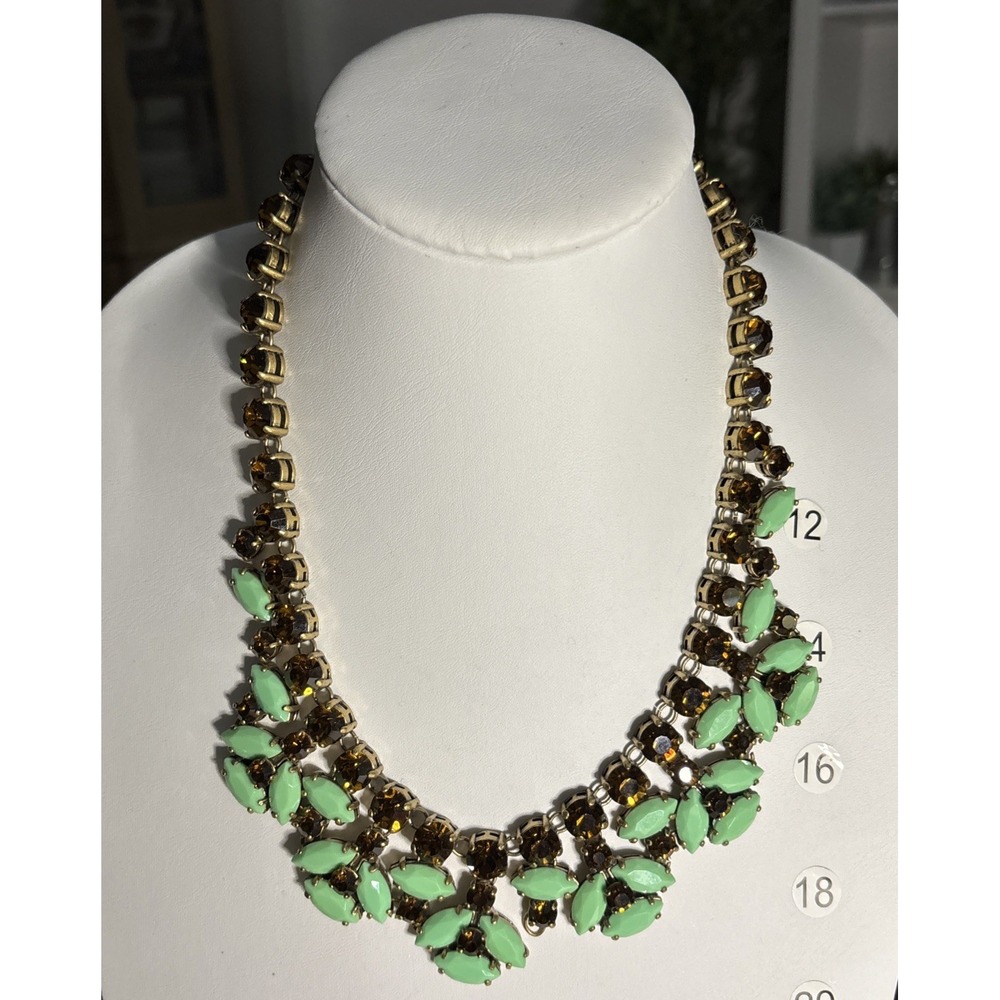J.Crew Mint Green Brown Crystal Floral Statement Necklace Gold Tone